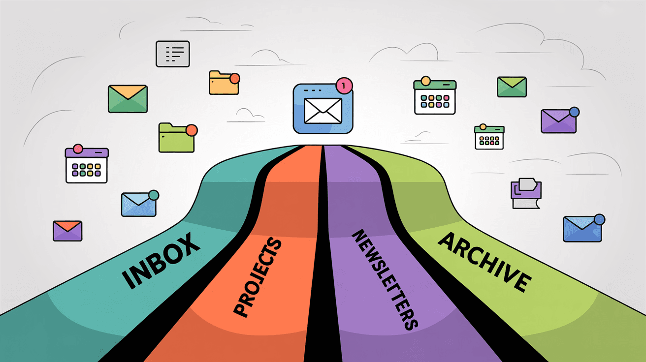 Four-pathway email organization system showing INBOX, PROJECTS, NEWSLETTERS, and ARCHIVE streams with organized email icons flowing through each pathway